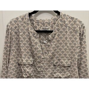 Norm Thompson 2x Gray Cream Pullover Blouse Long Sleeve Relaxed Geometric Career